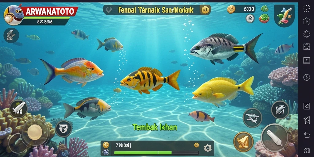 Tampilan gameplay <strong>ARWANATOTO</strong> dengan aksi tembak ikan yang mendebarkan.