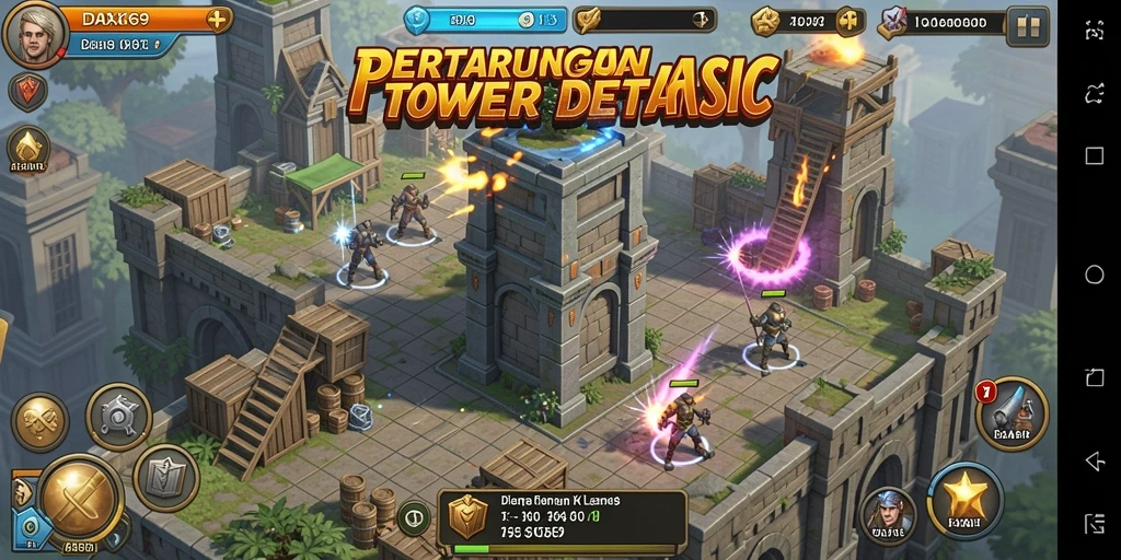 Screenshot gameplay menampilkan pertarungan menegangkan dalam Tower Defense.