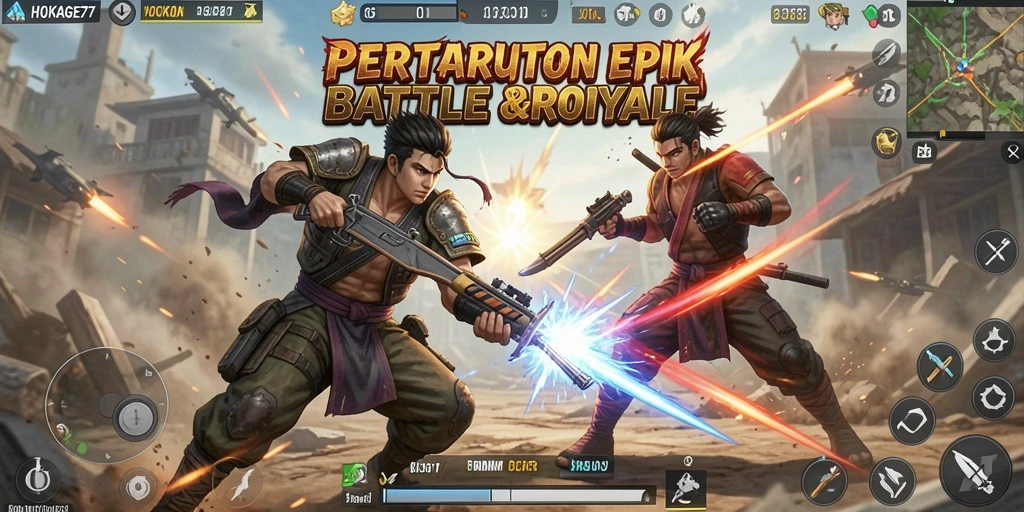 Tampilan gameplay seru HOKAGE77 dengan aksi Battle Royale.