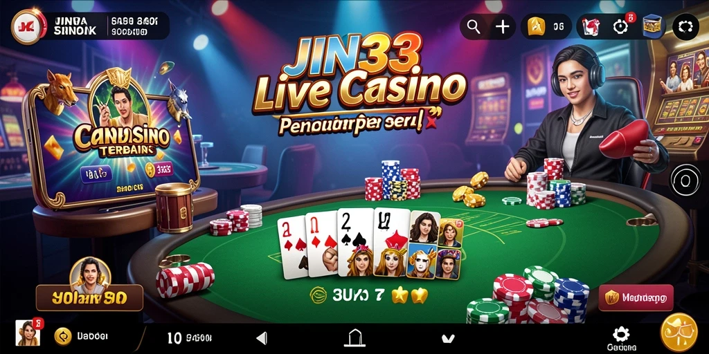 Screenshot utama JIN33 menunjukkan dealer langsung dalam suasana kasino.