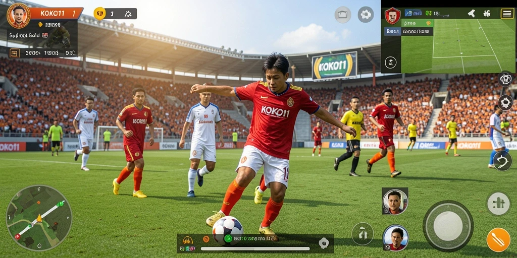 Tampilan gameplay KOKO11 saat pertandingan sepak bola berlangsung.