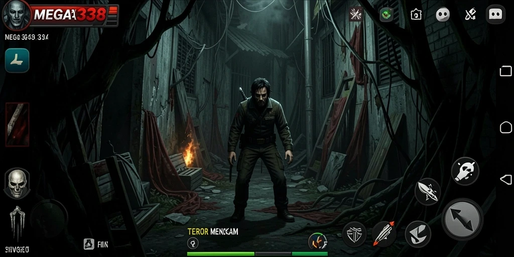 Screenshot gameplay MEGA338 menampilkan suasana menyeramkan yang memukau.