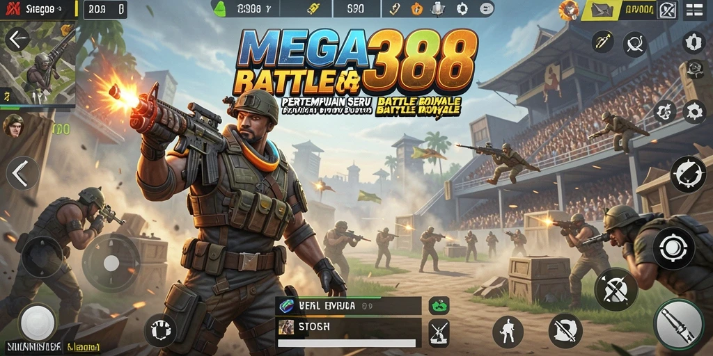 Tangkapan layar utama MEGA388 menampilkan aksi mendebarkan dalam permainan Battle Royale.