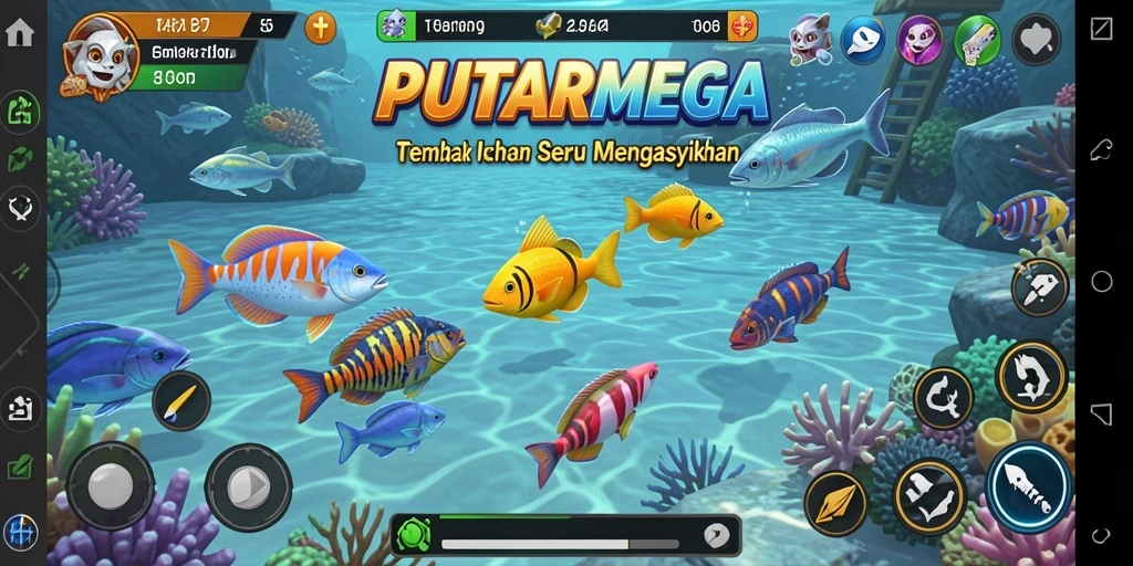 Tangkapan layar gameplay PUTARMEGA menampilkan aksi menembak ikan yang seru.