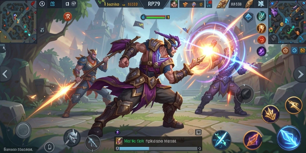 Tampilan screenshot RP79 menampilkan aksi pertarungan MOBA yang intens.